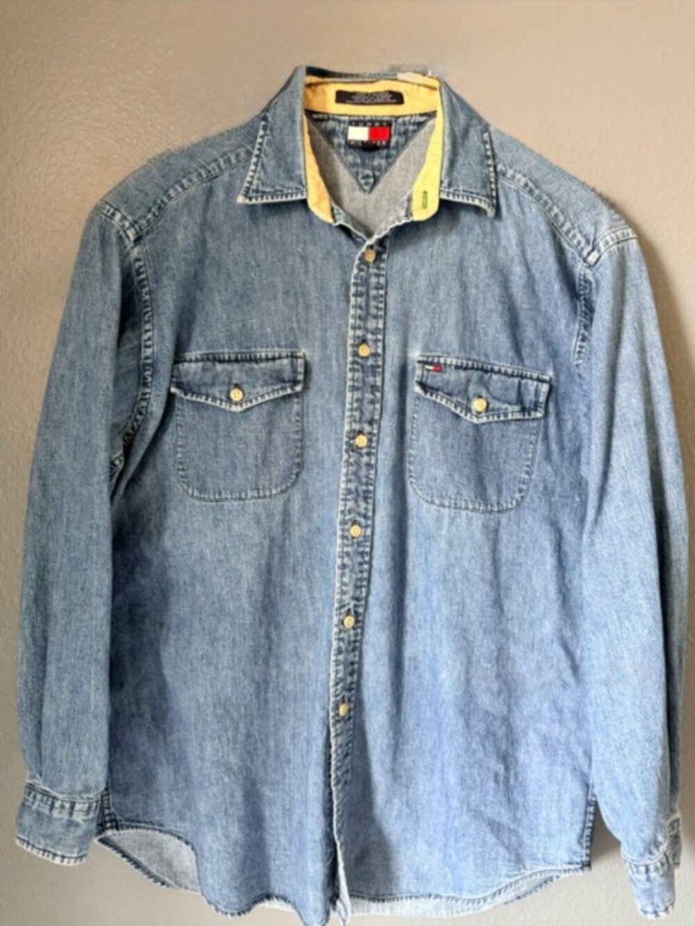 Vintage 90's Tommy Hilfiger Denim Button up Shirt Light Wash. Size Medium.